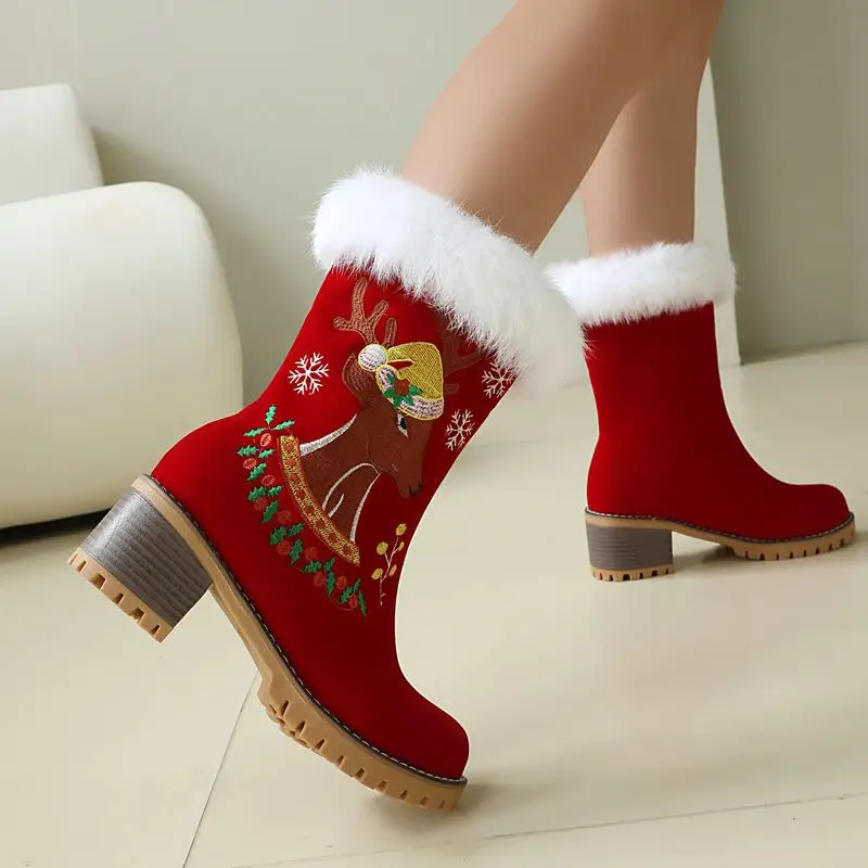 

ORCHA LISA Fashion Warm Mid Calf Boots Women Flock Suede 5.8cm Chunky Heels Slip On Embroider Plus Size 42 43 Cute Daily Winter