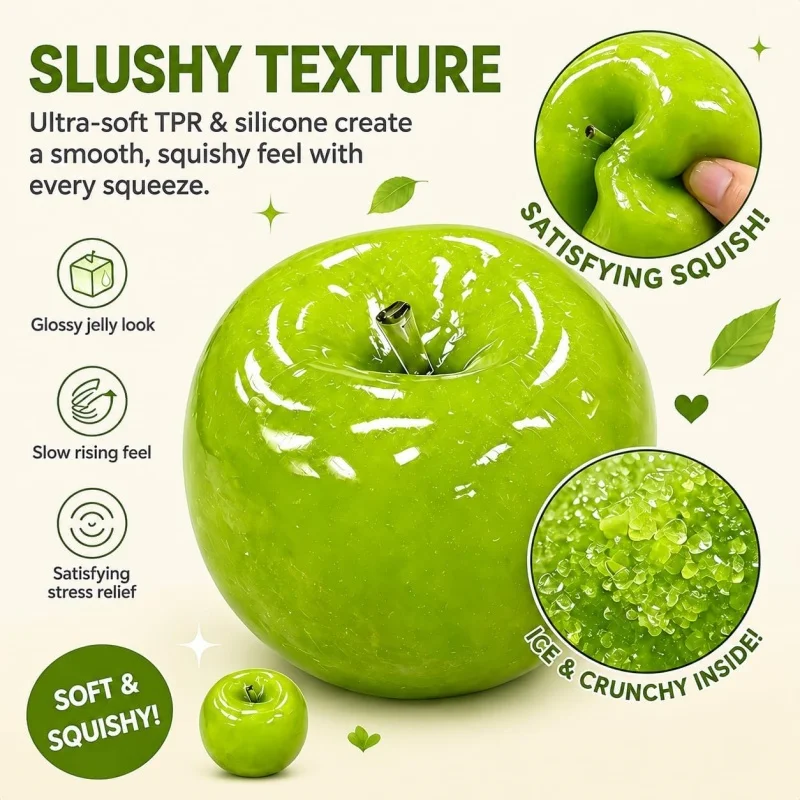 Slushy Apple Squishy Toy 3 Inch Green Apple Fidget Toy Slow Rising Stress Relief Squishy Ball Soft Squeeze Sensory Toy