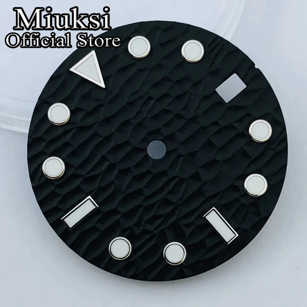 Miuksi 28.5mm black blue white sterile watch dial luminous fit NH34 NH35 movement fit 3/3.8/4.2 o\'clock crown