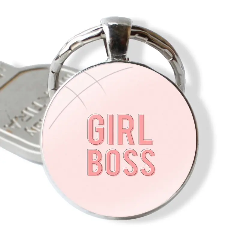 Girl Boss Pink Women Keychain Handmade Glass Cabochon Key Ring Holder Pendant Key Chains