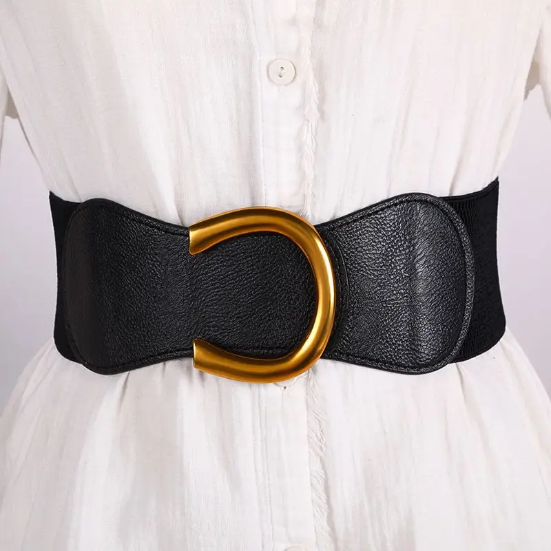 Women Wide Elastic Waist Belt for Dress Ladies Stretch Belt Plus Size with Gold Big Buckle