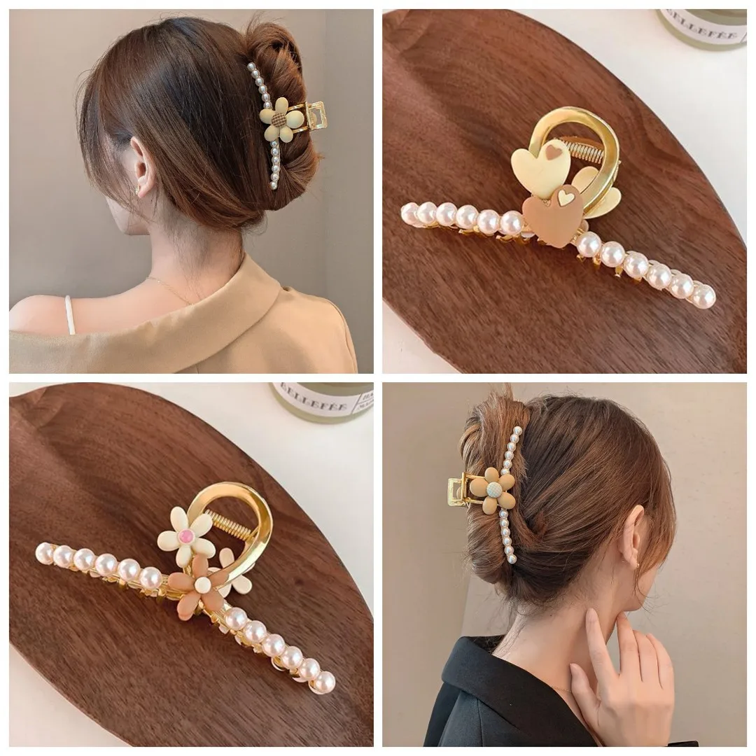 

1Pcs Girl Fashion Sweet Hairpin Coffee Colored Flower Pearl Grab Clip Cute Graceful Duckbill Clip New Headdress Hair Accessories