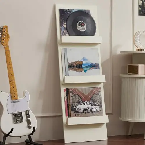 Wall Mount Vinyl Record Holder with 3 Tier Display Area, 47.5'' Tall Record Storage Magazine Holder, Book Shelf Holder