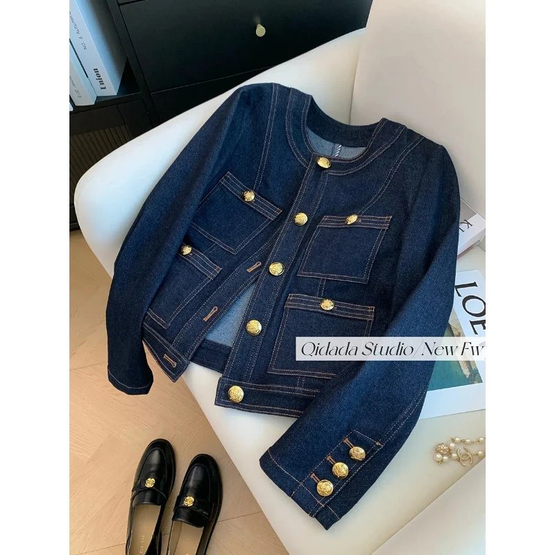 Blue Round Neck Denim Jacket New Women's High-end Feel Short Style Retro Loose Temperament