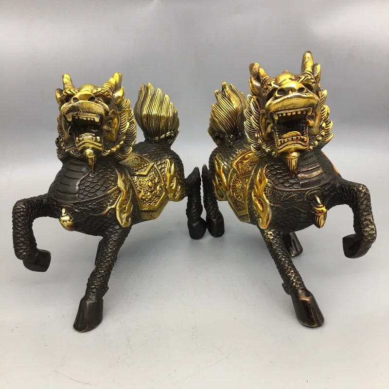 A pair of copper fire qilin ornaments, wealth qilin, home living room opening gifts, home craft decorations