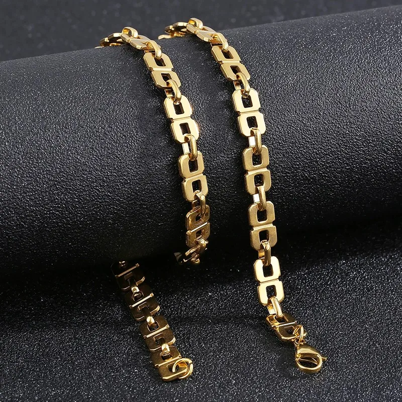 Fongten Stainless Steel Necklace Bracelet For Women Men Square Chain Handmade Gold Silver Color Unisex Jewelry Sets