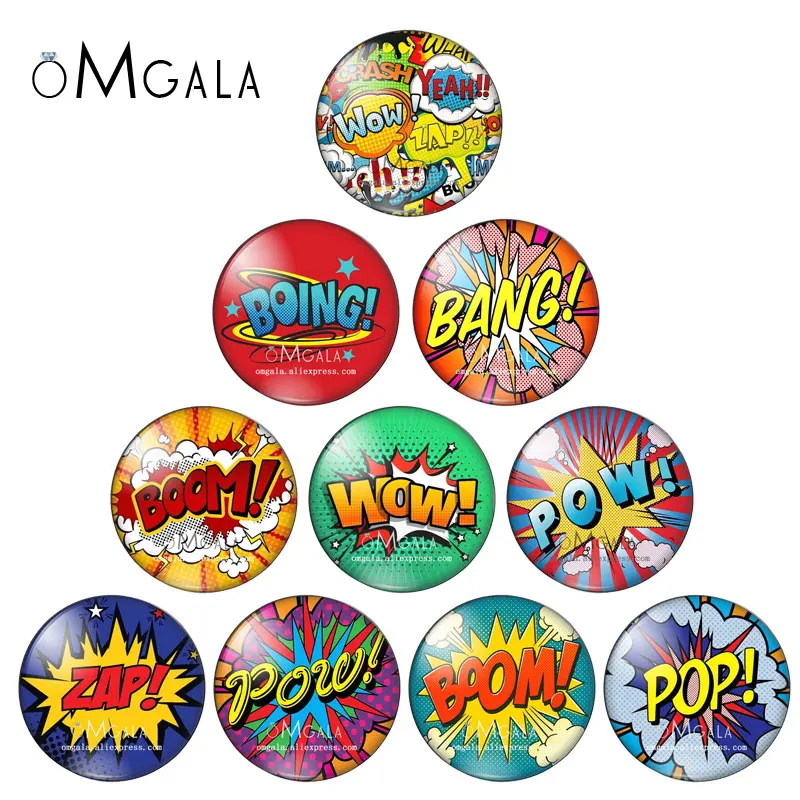 WordArt Bang Boom Wow Zap Pop Paintings 12mm/14mm/18mm/20mm/25mm/30mm Round photo glass cabochon demo flat back Making findings