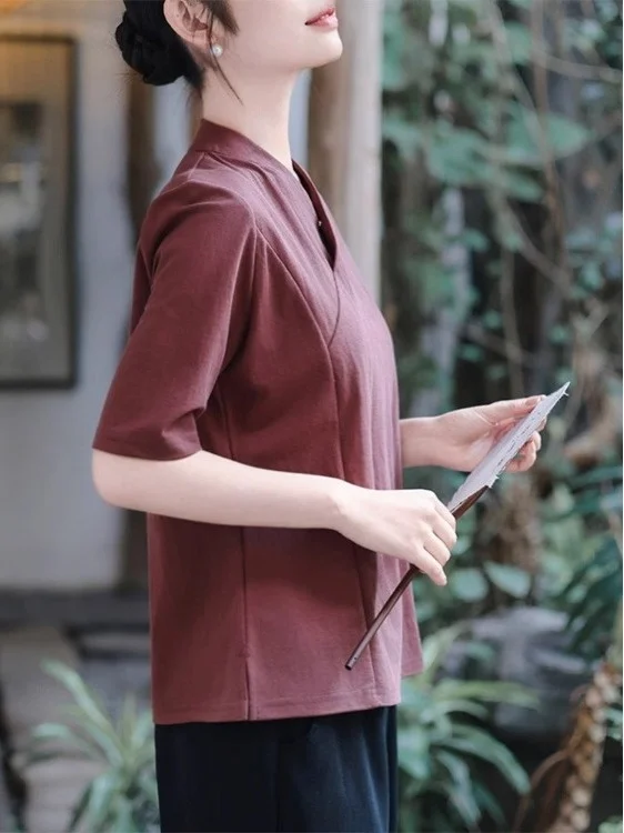 Rétro lin coton irt femmes v-ne mi-sve asymétrique Hanfu Sle tendance nationale T-shirt coupe ample décontracté irt