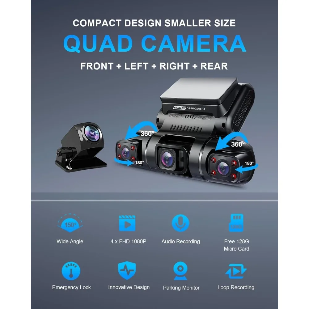 

360 Degree View 4 Channel Dash Cam Front and Rear Inside Left Right, Dash Camera for Cars, Built-in GPS WiFi Night Vision