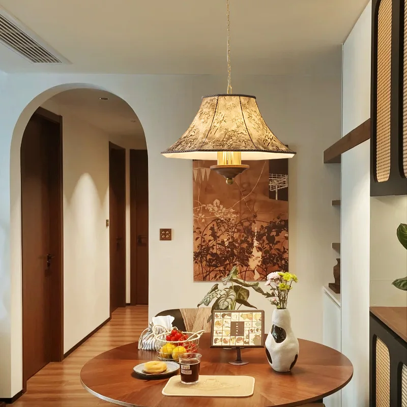 Mid Ancient Style Restaurant Chandelier Retro Fabric Decoration Pendant Lights Homestay Bedroom Living Room LED Hanging Lamps