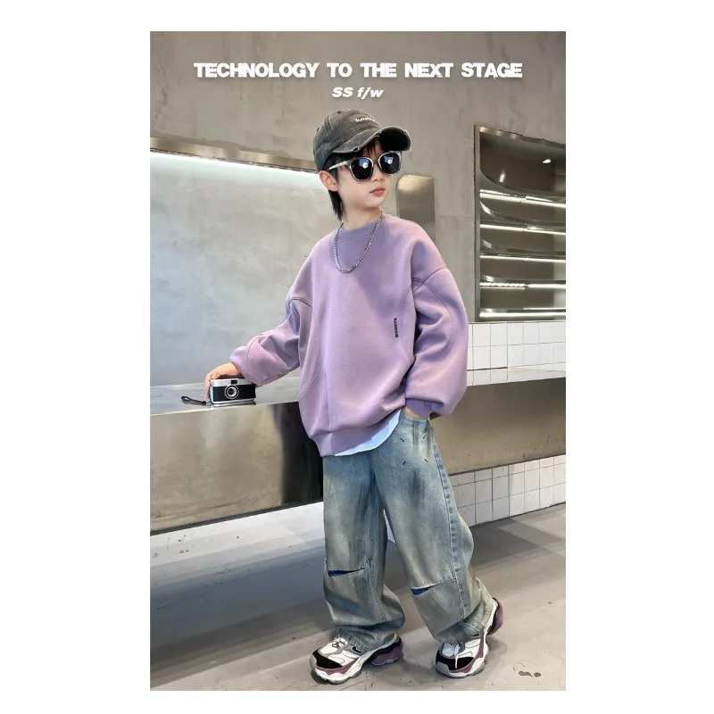 RAISE 2026 Herbst Kinder Jungen Sweatshirts Locker Geschnitten Einfarbig Vielseitig Junior Jungen Pullover Rundhals Langarm Oberteile für Teenager – Detail 6
