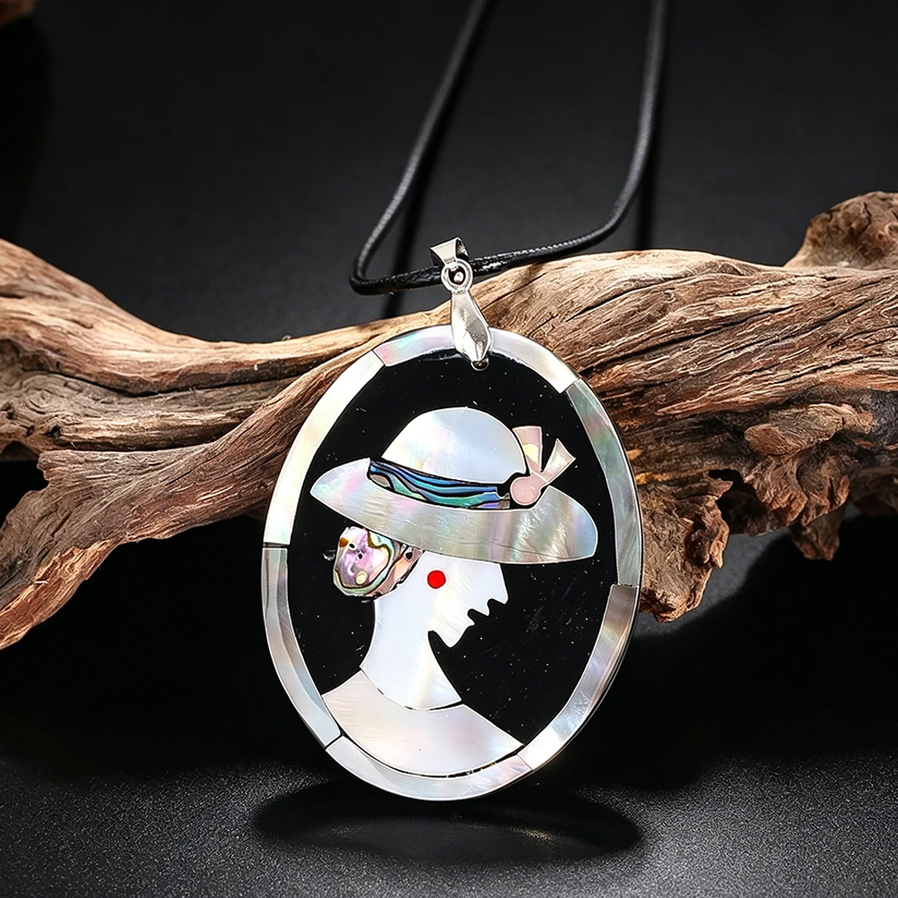 French Vintage Mother of Pearl Portrait Pendant Necklace Abalone Shell Inlay Oval Black Wax Cord Choker Fashion Accessory