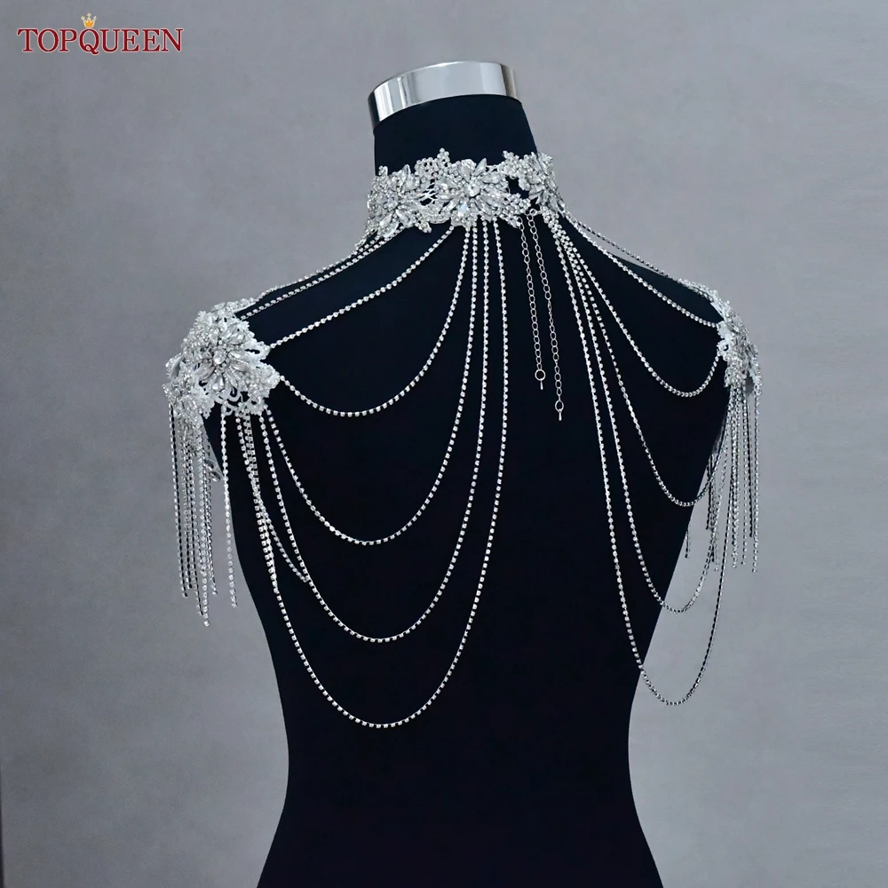 Topqueen Rhinestone Tassel Necklace Ladies Body Chain V Neck Wedding Dress Accessories Bridal Shoulder Chain Party Shawl SG01