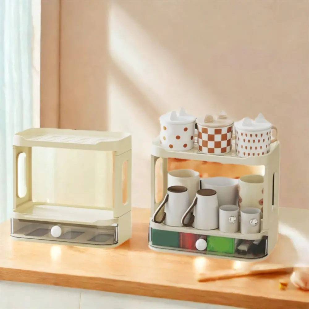 

Practical Plastic Double-Layer Cup Storage Rack Foldable with Drawer Cup Drainage Rack Space Saving Water Cup Holder for Home