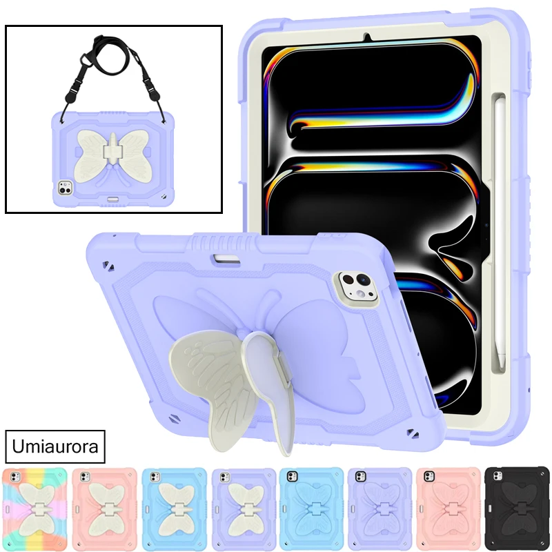 For IPad Mini 7 Air 6 5 4 10.9 Pro 11 inch M2 M4 2022 2024 Heavy Duty Rugged Tablet Case 3D Butterfly Stand Shockproof PC Cover