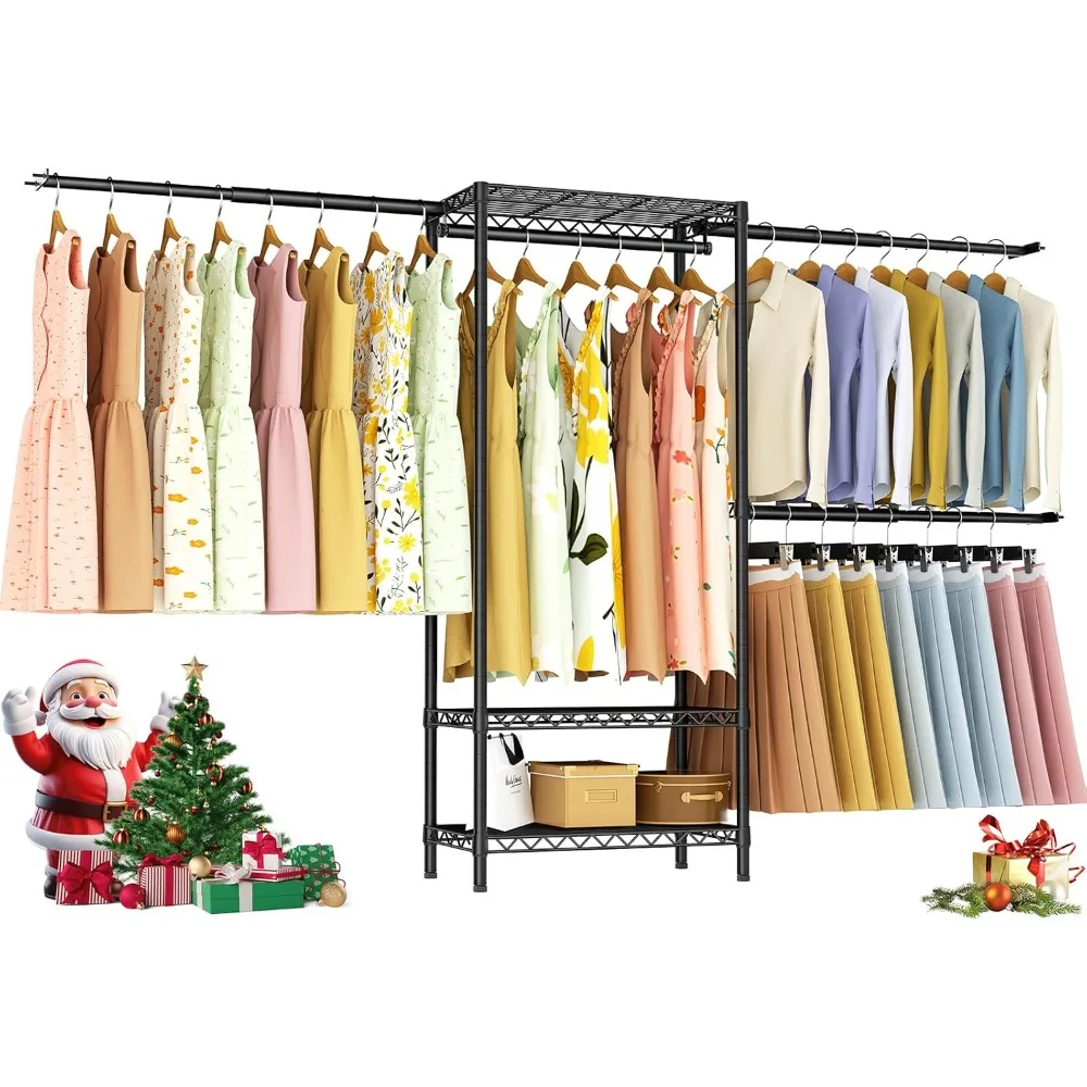 

Closet Storage Organizer System,Expandable Wall Mounted Clothes Rack,3 Tiers Heavy Duty Metal Garment Rack with 3 Hanger Rods