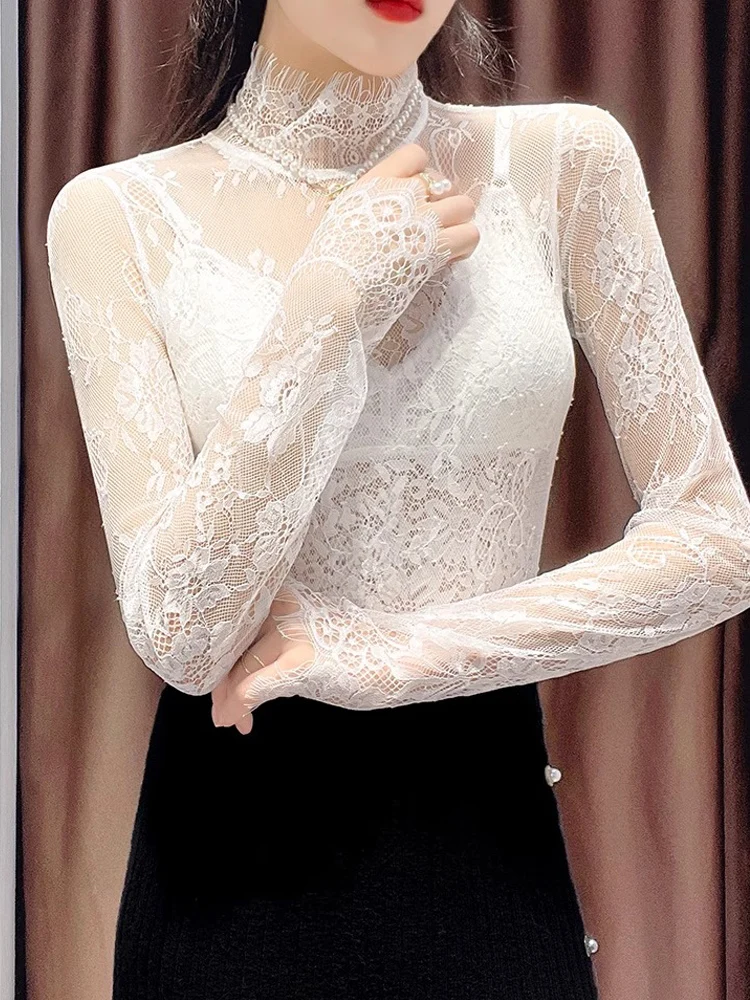 

Женская кружевная базовая блузка с длинным рукавом и воротником-стойкой, корейская версия, приталенная, однотонная, для повседневной носки