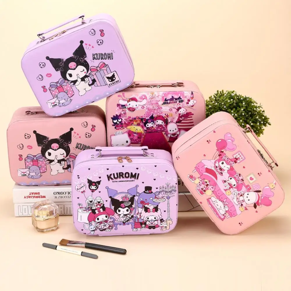 Sanrioed-maleta de Anime Kuromi, bolsa de cosméticos Kawaii My Melody Kt, almacenamiento de alta capacidad, brocha de maquillaje, regalo portátil para Festival de viaje