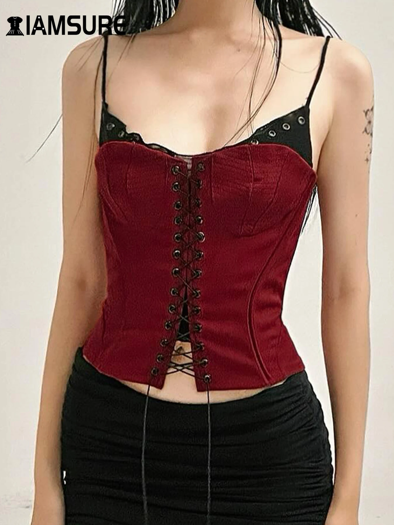 

IAMSURE Gothic Patchwork Bandage Camis Top Dark Slim Slash Neck Sleeveless Tank Tops Women 2024 Summer Fashion Streetwear Lady