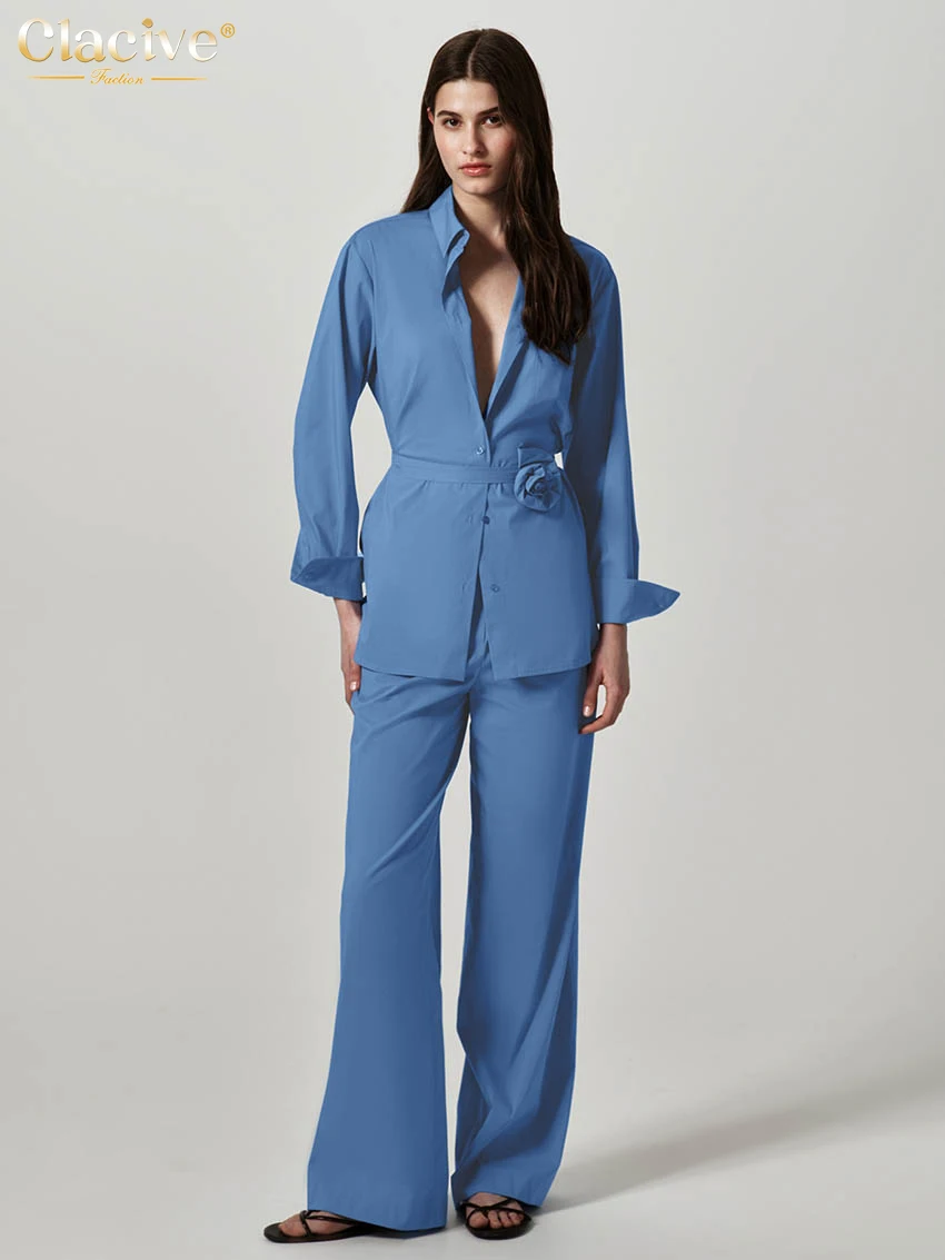 

Clacive Fashion Loose Blue Trousers Set 2 Piece Woman Elegant Long Sleeve Shirt With High Waist Wide Pants Set Female Clothing