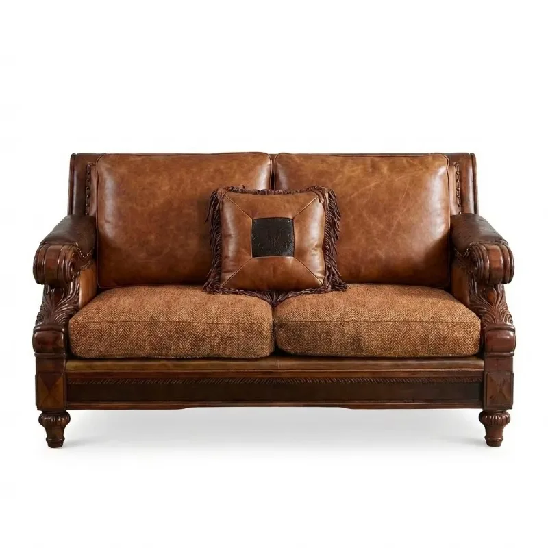 Leather and herringbone sofa combination with curled engraved armrests