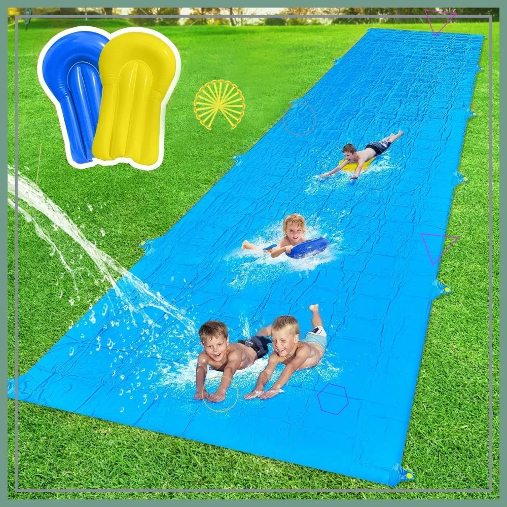 

50FT Giant Slip Water Slide for Kids & Adults Backyard Summer Fun with 18 Stakes & 2 Inflatable Bodyboards