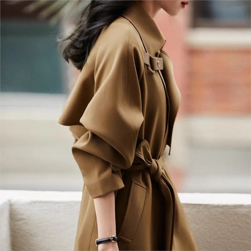 New khaki women's windbreaker mid-length double-breasted coat