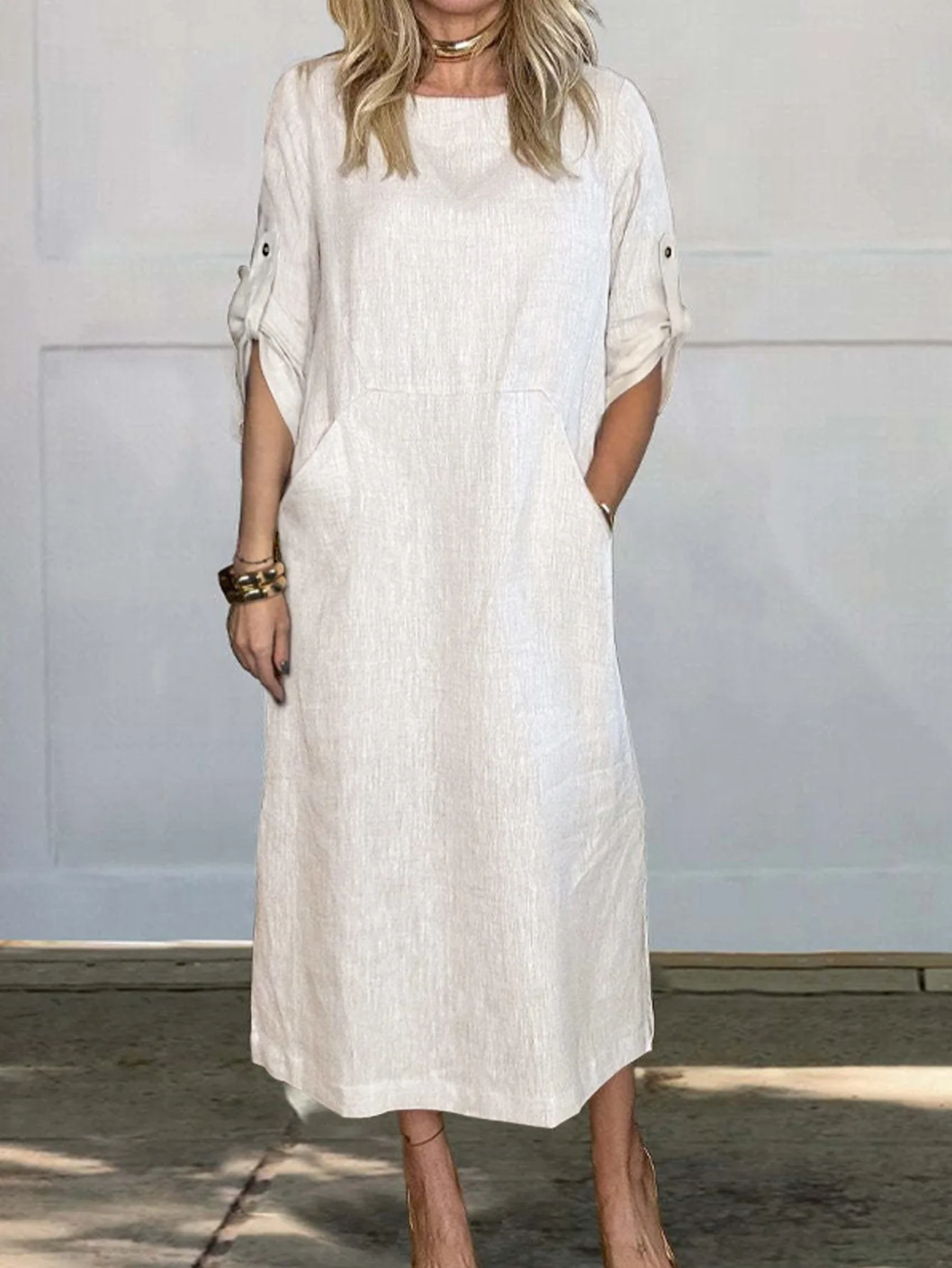 

Spring Summer Cotton Linen Women Long Dress Casual Loose Black O-neck Short Sleeve Pockets Maxi Dresses For Women Robe Female