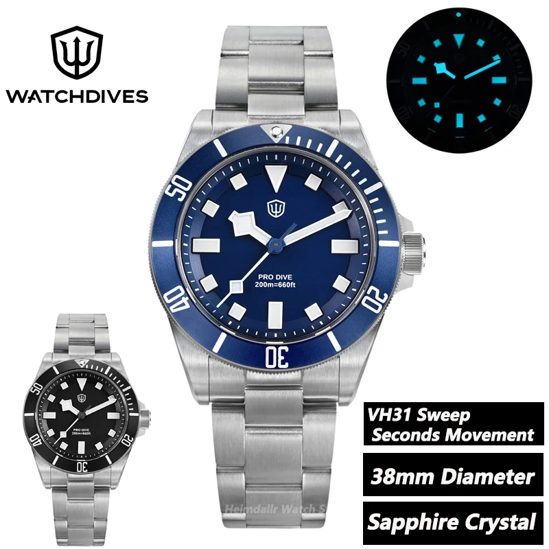 

Watchdives WD1969 Pro Мужские часы VH31 Sweep Seconds Кварцевый механизм Нержавеющая сталь Сапфир BGW9 Светящиеся водонепроницаемые часы