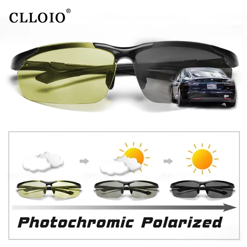 CLLOIO Aluminium Rimless Night Vision Anti-Glare Glasses Photochromic Polarized Driving Sunglasses Travel Fishing Goggle UV400