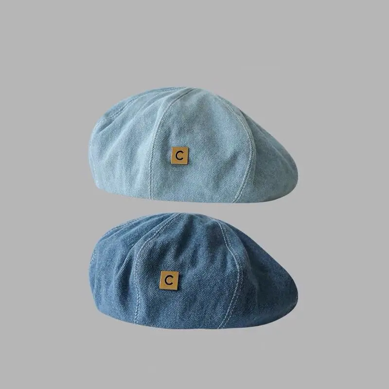 قبعة بيريه من الدنيم للنساء مقاس كبير للرأس للربيع والخريف مطبوعة بحروف زرقاء وجه مستدير قبعة فنان مثمنة كلاسيكية #2