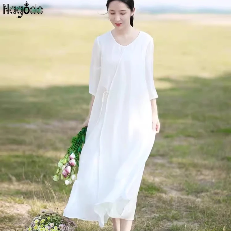 

Women's Summer Cotton Linen A-Line Long Dress Loose Round Collar Retro Half Sleeve Long Skirt White Elegant Gowns Zen Robe
