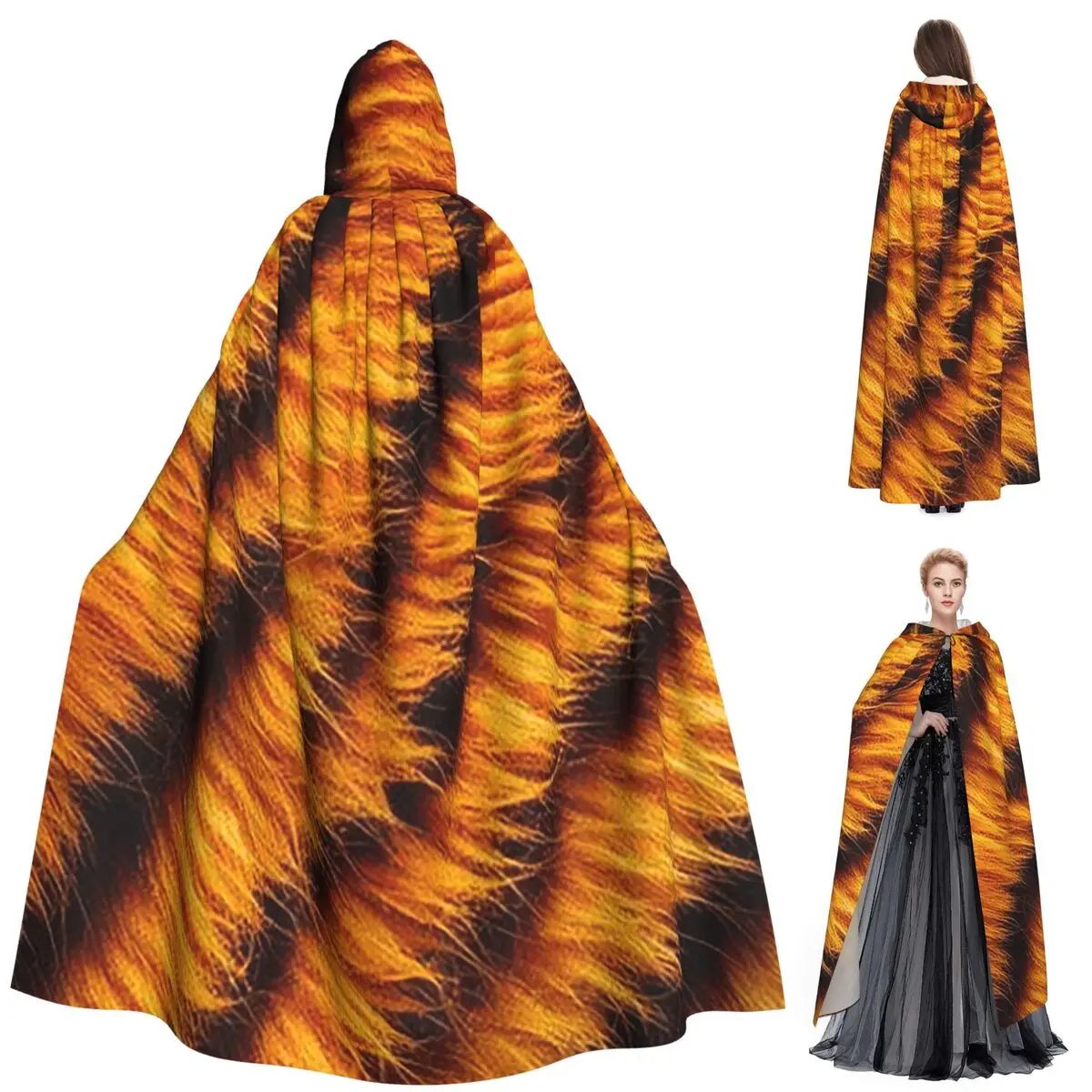 

Эскиз из меха тигра, цветное изображение, длинный плащ с капюшоном, средневековый костюм ведьмы, накидка для косплея, пальто на Хэллоуин для взрослых, унисекс