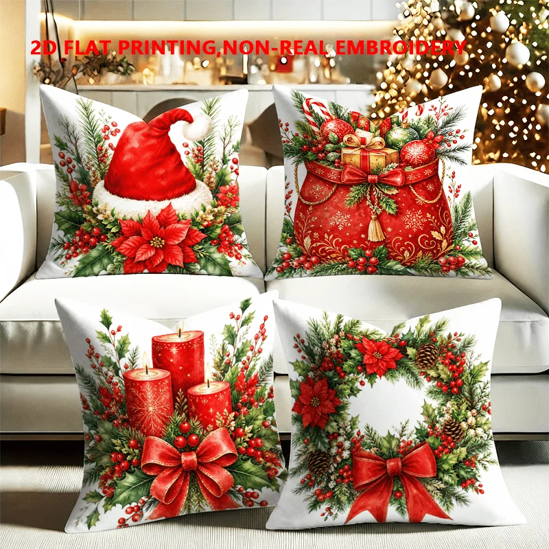 2D FLAT-4pc Christmas Festive Throw Pillow Covers Sofa and living room decoration, single-sided printing, without pillow core