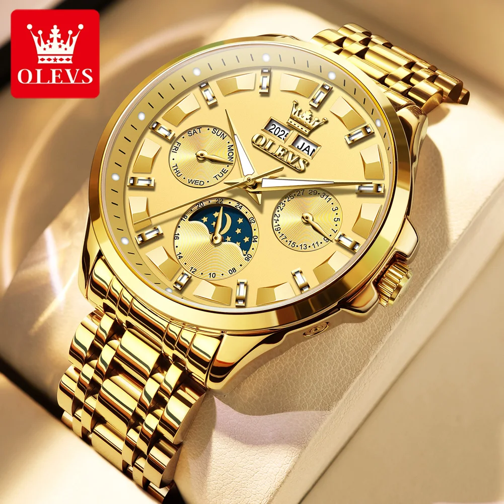 

OLEVS 7070 Роскошные мужские часы с двойным календарем и светящейся фазой Луны, автоматические механические мужские наручные часы