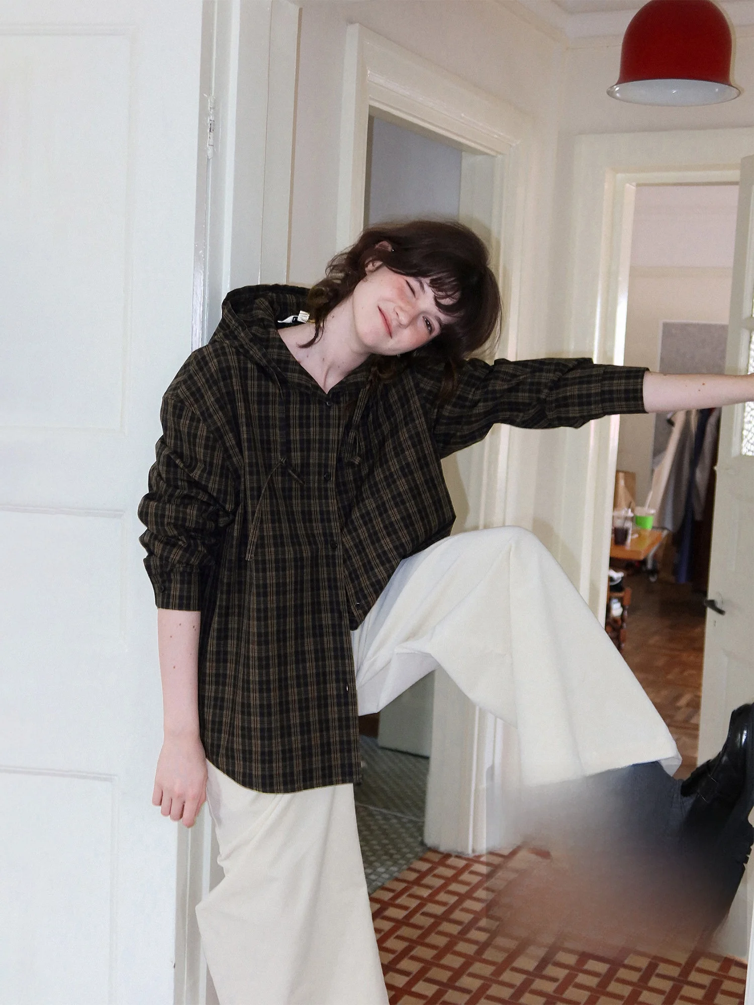 

Le Retro Classic Nordic Lightweight Hooded Plaid Cotton irt Jaet Women's Loose Fit Long Sve Button up Coat