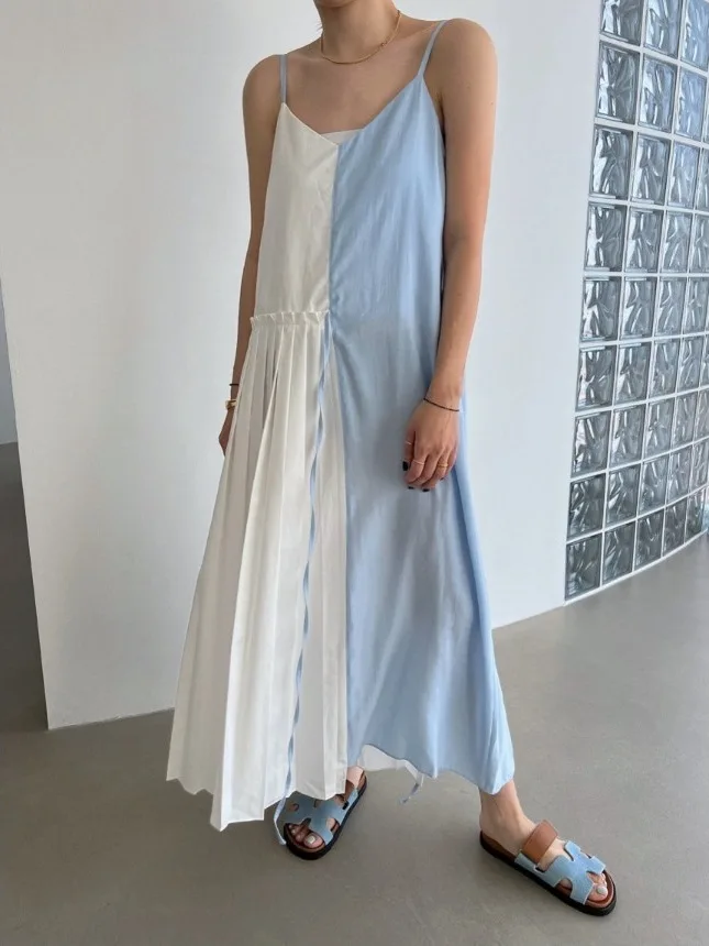 Summer 2025 Women's V-Ne Slimming Waist ter Dr Holiday Long Skirt Splice Design Commute Sle No-Sve Gauze Material
