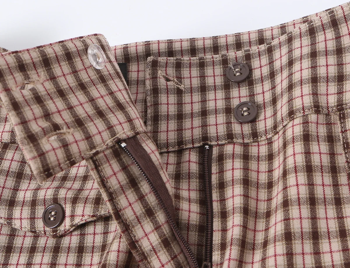 KONDALA Schickes Damen-Herbst-Freizeit-Karomuster-Anzug-Set, schmales Kurzarmhemd + gerade lange Hose mit Reißverschluss, modisch 2026, Vintage-Büro-Set – Detail 18