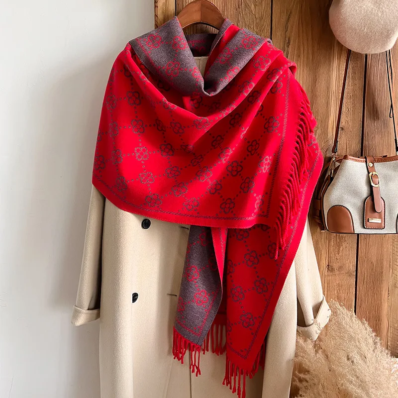 Fashion Soft Good Imitate Cashmere Jacquard Scarf Women Winter Luxury Neckerchief Shawl Long Tassels Double Sides Scarves