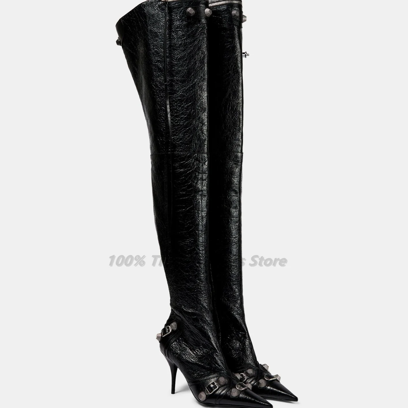 

Super High Heels Boots European and American Pointed Thin Heel Side Zipper Rivet Needle Buckle Oversized Knee High Boots