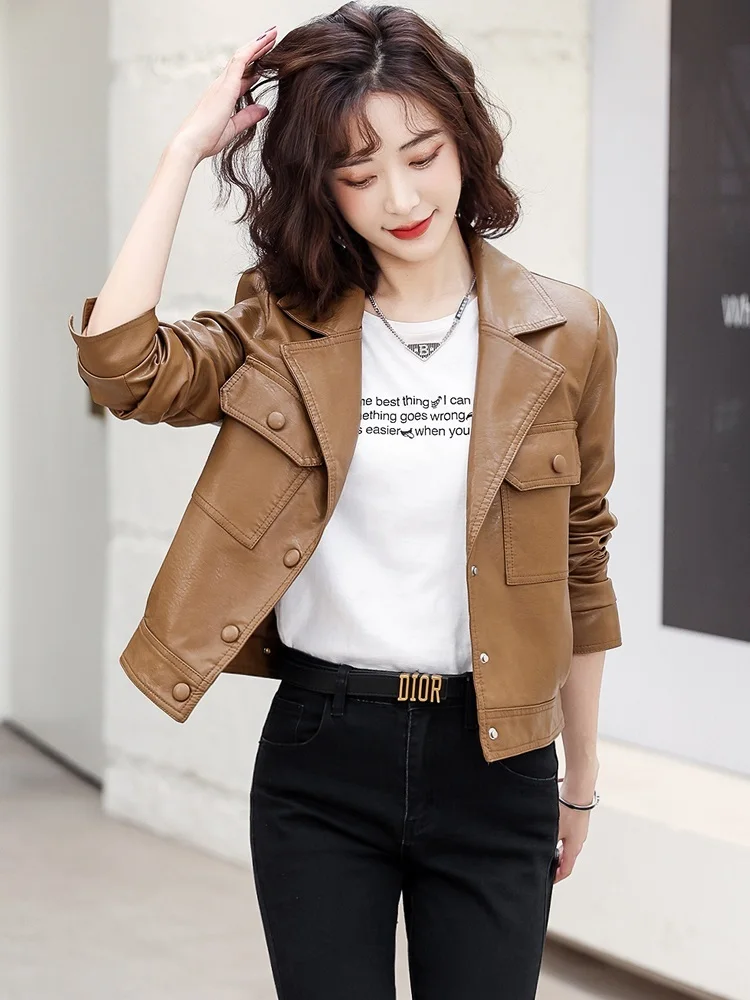 New Spring Autumn Women Leather Jacket Fashion Ladies Single Breasted Biker Coat Casual Short Tops Sheepskin Outerwear Female