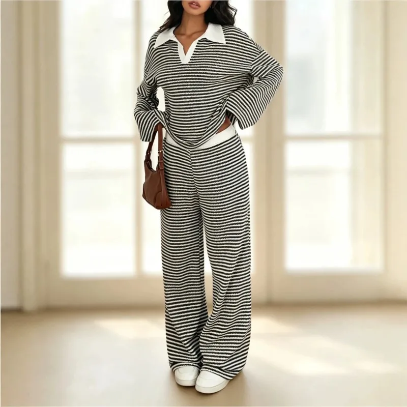 Color Blocked Striped Women's Two-piece Set Spring Autumn Fashion Loose Top+wide Leg Pants Suit Ladies Casual Comfortable Outfit