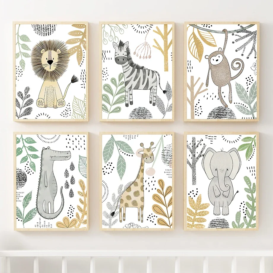 Lion Elephant Giraffe Tiger Nursery Print Jungle Animals Nordic Posters Wall Art Canvas Painting Pictures Baby Kids Room Decor