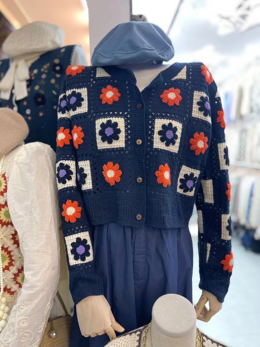 Z Home Japanese Style Hand Knitted 3D Sunflower Twist Hook Flower Artistic Sweater Women's Cardigan Cotton Floral Print V Nec...