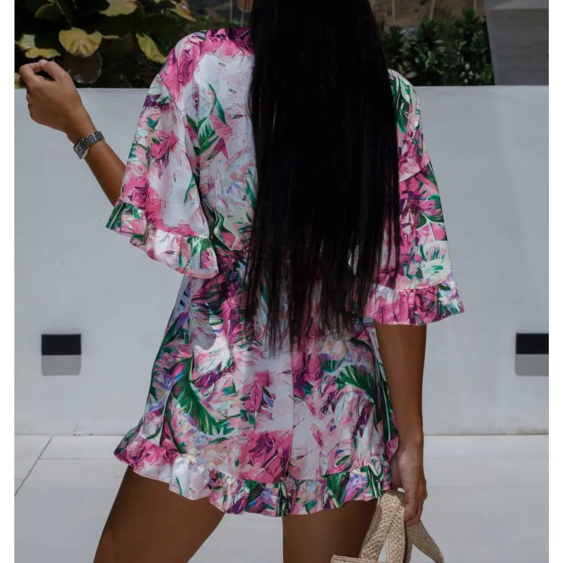 2024 Women New Slim High Waist Bell Sleeve Half Sleeve V Neck Tie Plant Print Jumpsuit Shorts Beach Ruffles Casual Women's Wear