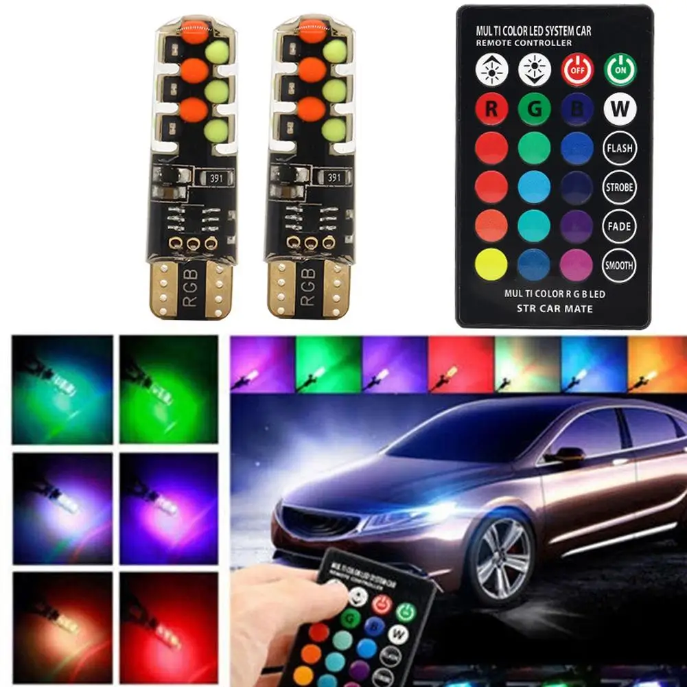 Bombilla Led RGB con control remoto para coche, luz de lectura de cúpula, lámpara de cuña para automóvil, T10, W5W, 194, 168, W5W, 5050 SMD, 2 piezas