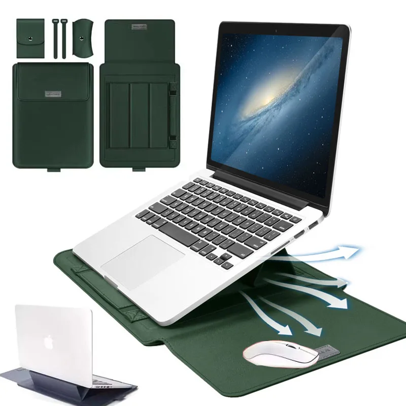 

for Macbook Air Pro Laptop Bag Flip Sleeve Stand Bracket Cable Belt Charger Mouse Bag PU Leather Waterproof Notebook Carry Case