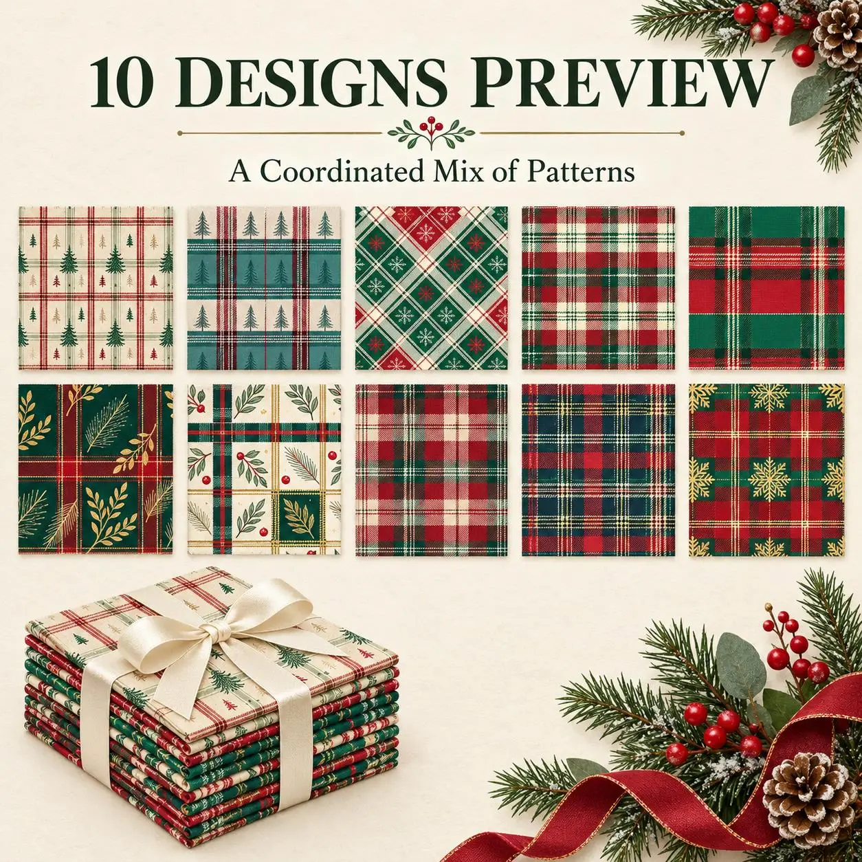 10Pc/Set Christmas Series Plaid Tree Rhombus Fat Quarter Fabric, Pre-Cut Square Fabric Assort, Fabric Set, Craft Fabric, Handmad