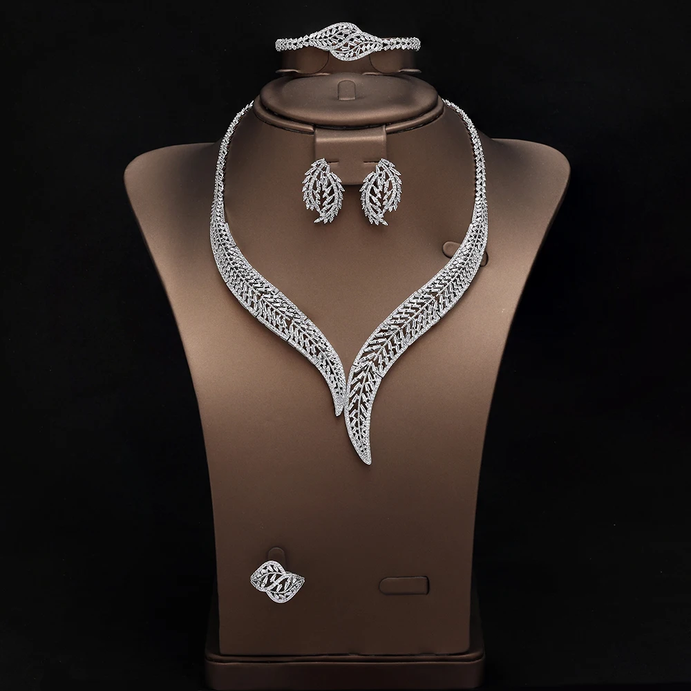 HIBRIDE New Fine Stereo Leaf sliver color Necklace Earrings Bracelet Set Women's Everyday Jewelry Wedding Prom Gift S-1048