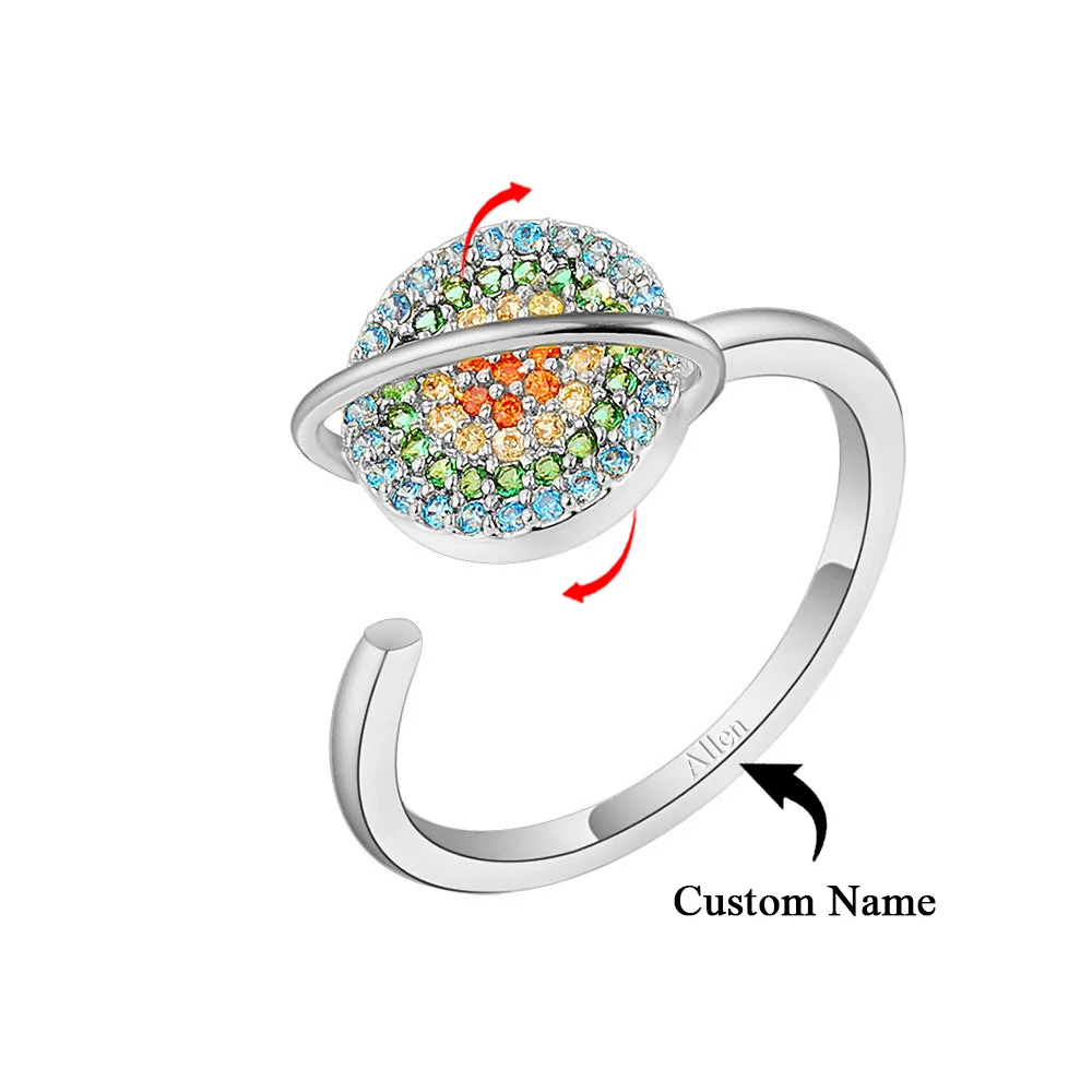 Custom Name Spinning Planet Fidget Ring 925 Silver for Women Adjustable Spinner Jewelry Gold Anxiety Rings Stress Relief Gift